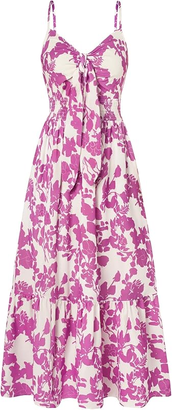 GRACE KARIN Women's 2025 Summer Maxi Dress Floral Tie Front Spaghetti Strap Casual Boho Beach Flowy Sundress with Pockets