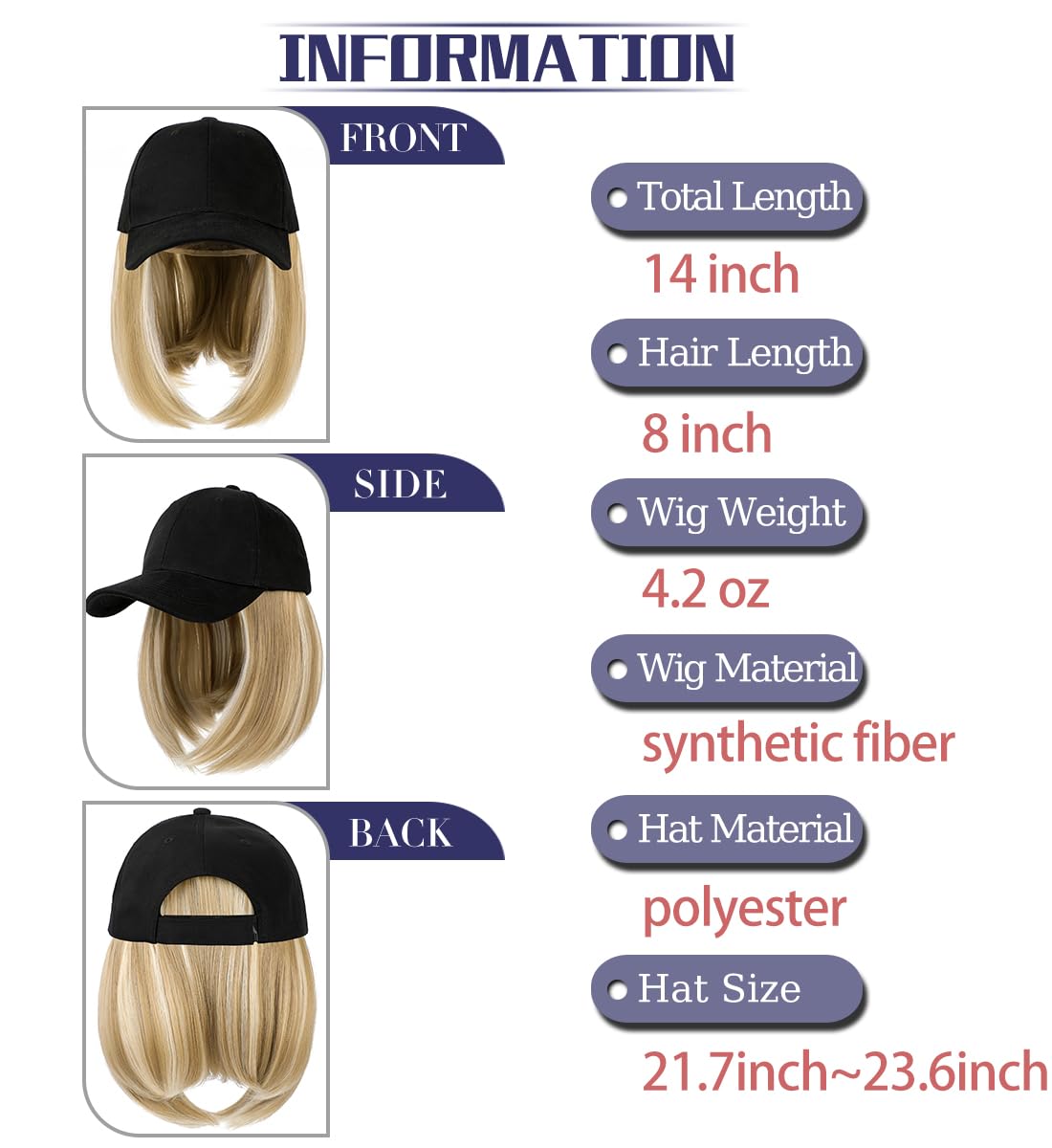 Qlenkay Baseball Cap with Hair Extensions Straight Short Bob Hairstyle Adjustable Removable Wig Hat 14inch for Woman Girl Ash Blonde Mix Bleach Blonde
