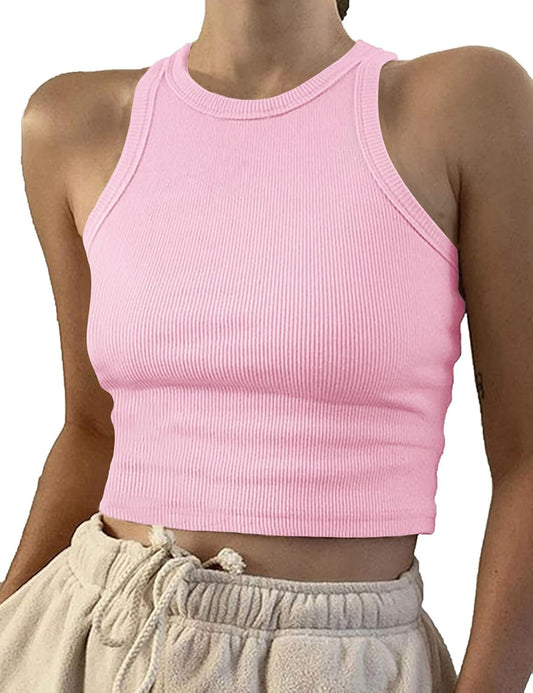 Artfish Women Casual Basic Sleeveless High Neck Rib-Knit Y2k Crop Tank Top