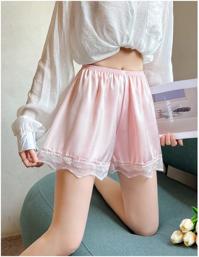 Women's Ice Silk Safety Shorts Pajama Bottoms Breathable Slip Shorts Sleep Sleepwear Lace Anti-Light for Summer