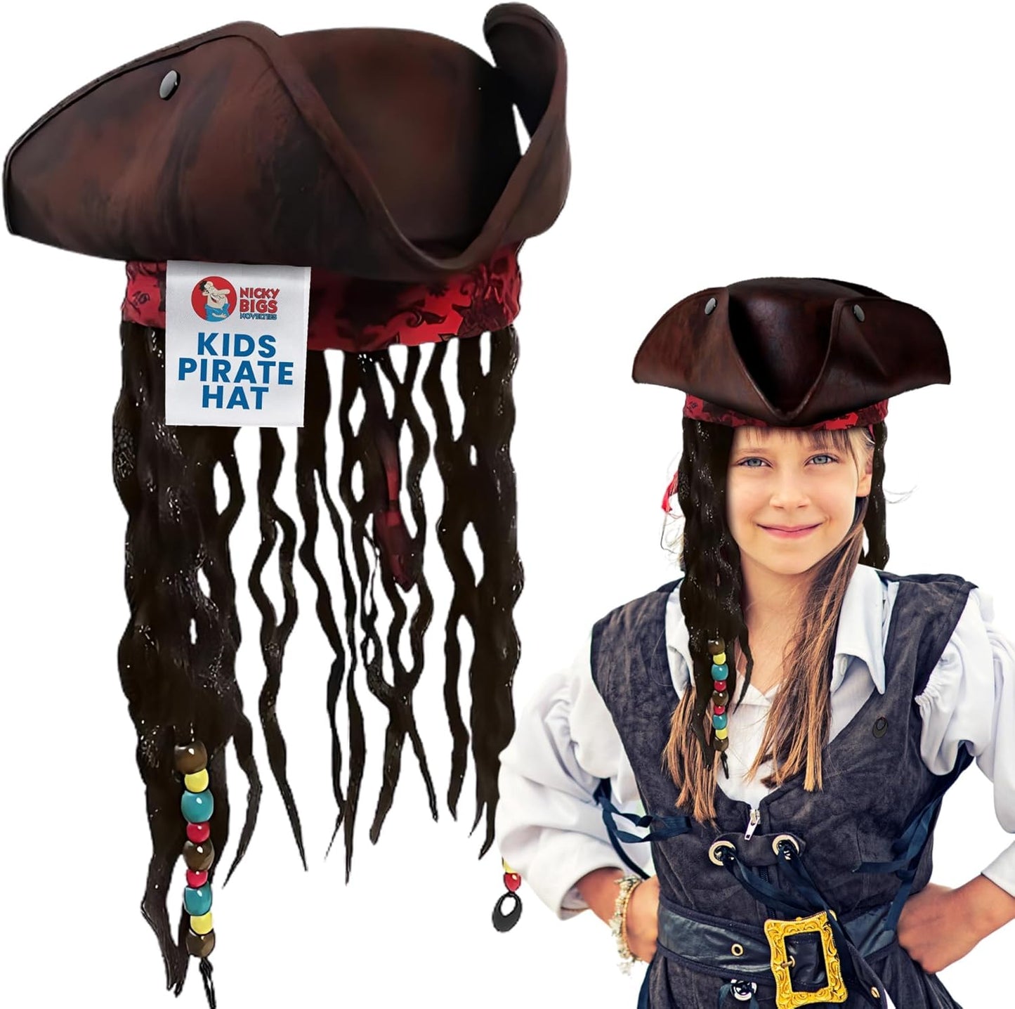 Nicky Bigs Novelties - Kids Pirate Hat with Dreadlocks and Red Band with Floral Filigree - Buccaneer Wig for Girls and Boys Costume, Caribbean Pirate Tricorn Hat Accessory, Brown