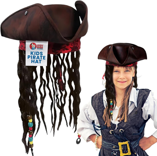 Nicky Bigs Novelties - Kids Pirate Hat with Dreadlocks and Red Band with Floral Filigree - Buccaneer Wig for Girls and Boys Costume, Caribbean Pirate Tricorn Hat Accessory, Brown