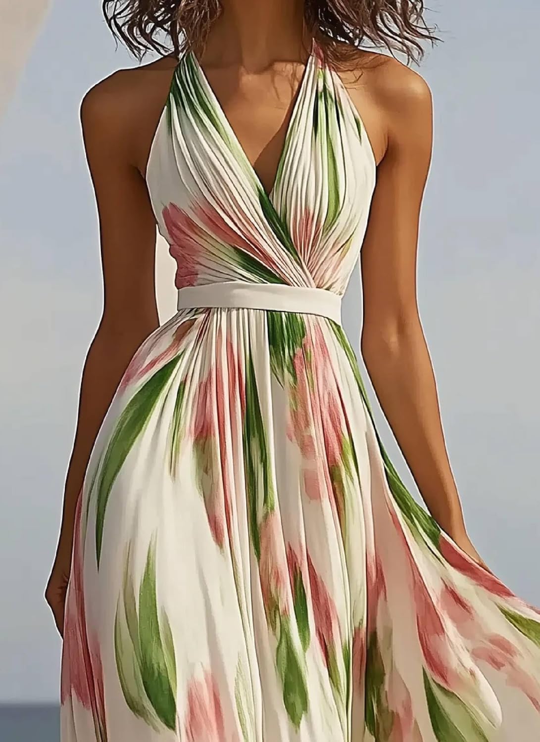 Women Summer Elegant Floral Print Sexy Halter V Neck Sleeveless Belt A-Line Ruffle Hem Wedding Club Maxi Dress