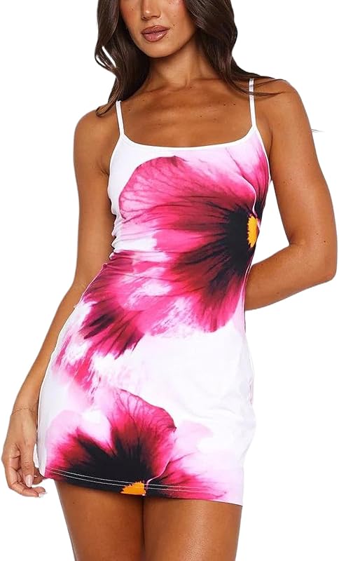 Women Floral Mini Dress Bohemian Spaghetti Strap Sleeveless Bodycon A-Line Dress Short Cami Swing Dress Clubwear Y2K