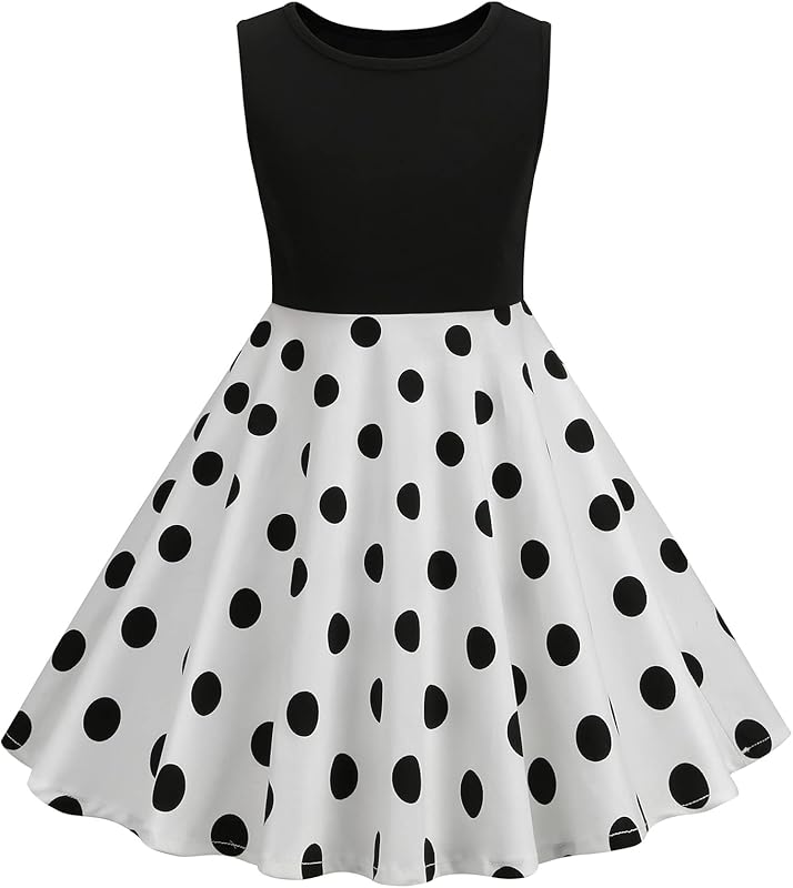 Kids Girls 50s Audrey Vintage Polka Dot Swing Party Rockabilly Dress Retro Peter Pan Doll Collar Wedding Casual Skater Dress
