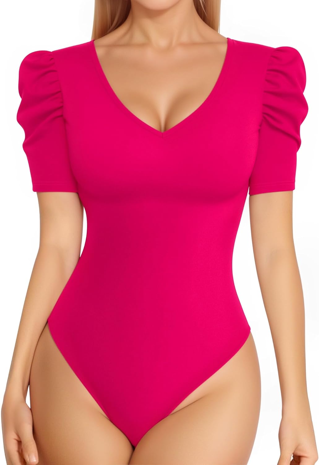 MANGOPOP Women's Bodysuit Deep V Neck Puff Short Sleeve Slim Fit Body Suits Casual Blouse Tops Elegant