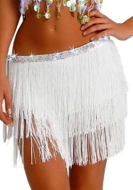 Women Belly Dance Skirt Tassel Fringe Skirts Sparkly Sequin Hip Scarf Party Costume