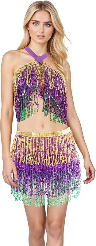 Sequin Skirts for Women (Waist/Bust Under 31.5"), Sparkly Skirts for Girls 2 Piece Set, Tassel Skirt for Kids, 2Pack