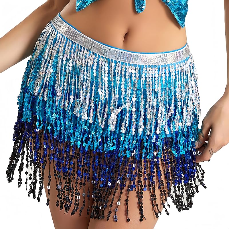 MUNAFIE Sequin Tassel Hip Scarf Sequin Tassel Skirts Rave Fringe Hip Scarf for Festival Belly Dance Skirt