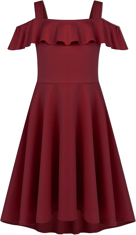 Arshiner Girls Summer Dress Off Shoulder Children's Dress Ruffle Sleeves Elegant Strap Dress Children A Line Swing Dress High Low Dress Casual Dresses with Pocket 4-13Years