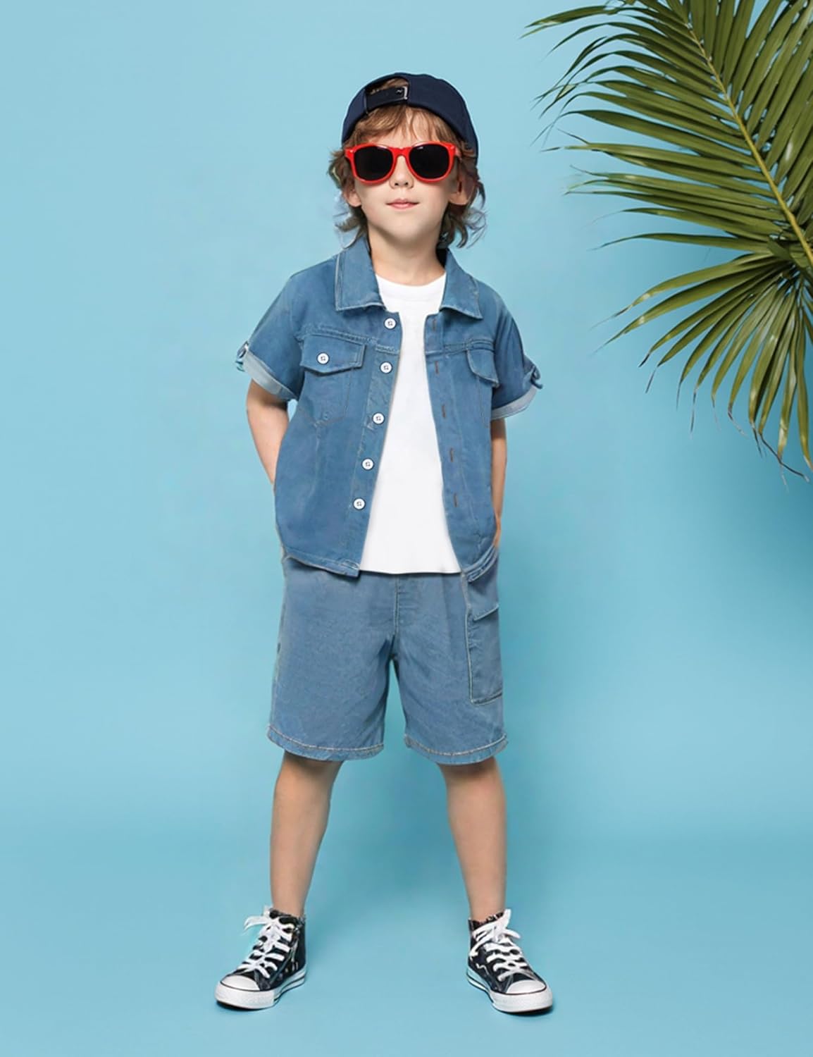 3-7T Toddler Boys Clothes Denim Outfit Set – Short Sleeve Button-Up Jean Jacket & Stretch Denim Shorts