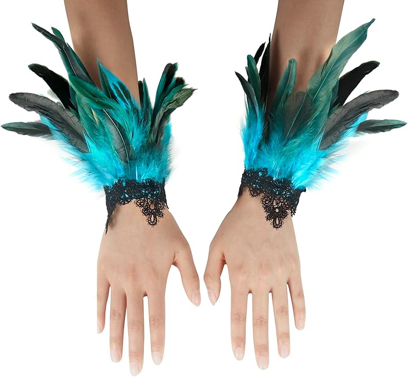 Black Lace Feather Gloves Cuffs for Women Cosplay Costume Accessories with Swan Wrist Bands