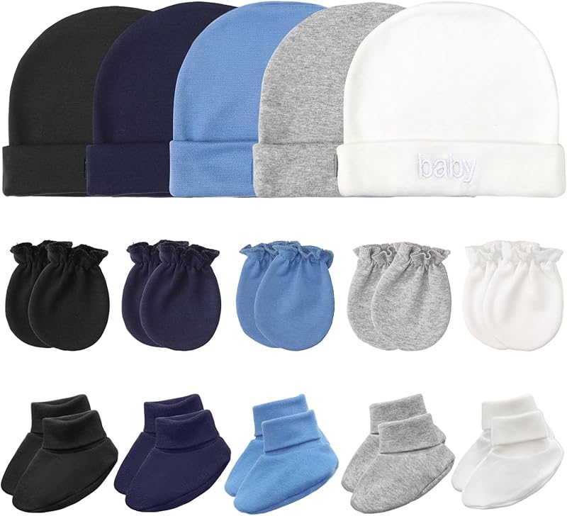 Newborn Baby Hats Mittens and Socks Set Cotton Infant Beanie Cap Socks Mittens for Newborn Baby Boy Girl 0-6 Month