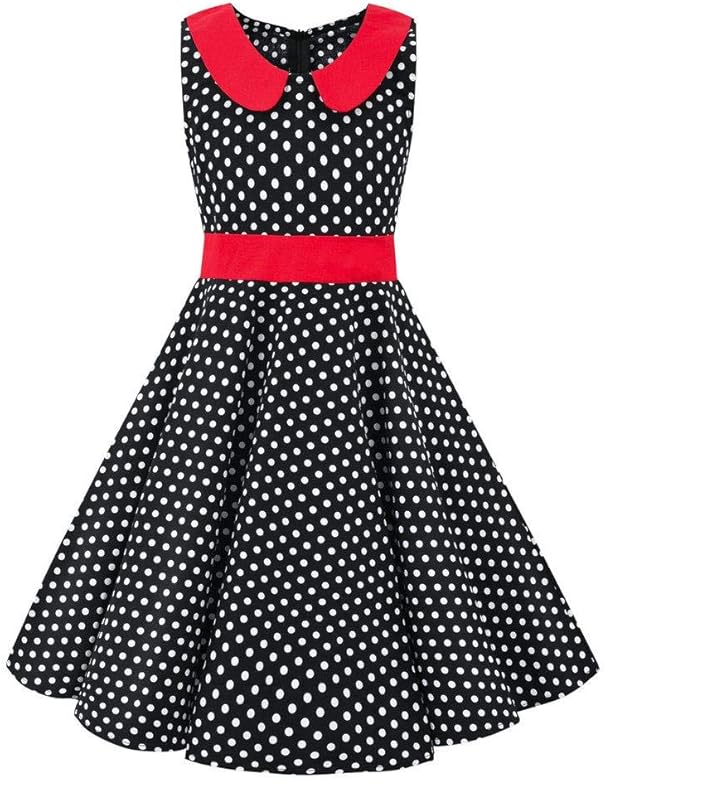 Kids Girls 50s Audrey Vintage Polka Dot Swing Party Rockabilly Dress Retro Peter Pan Doll Collar Wedding Casual Skater Dress