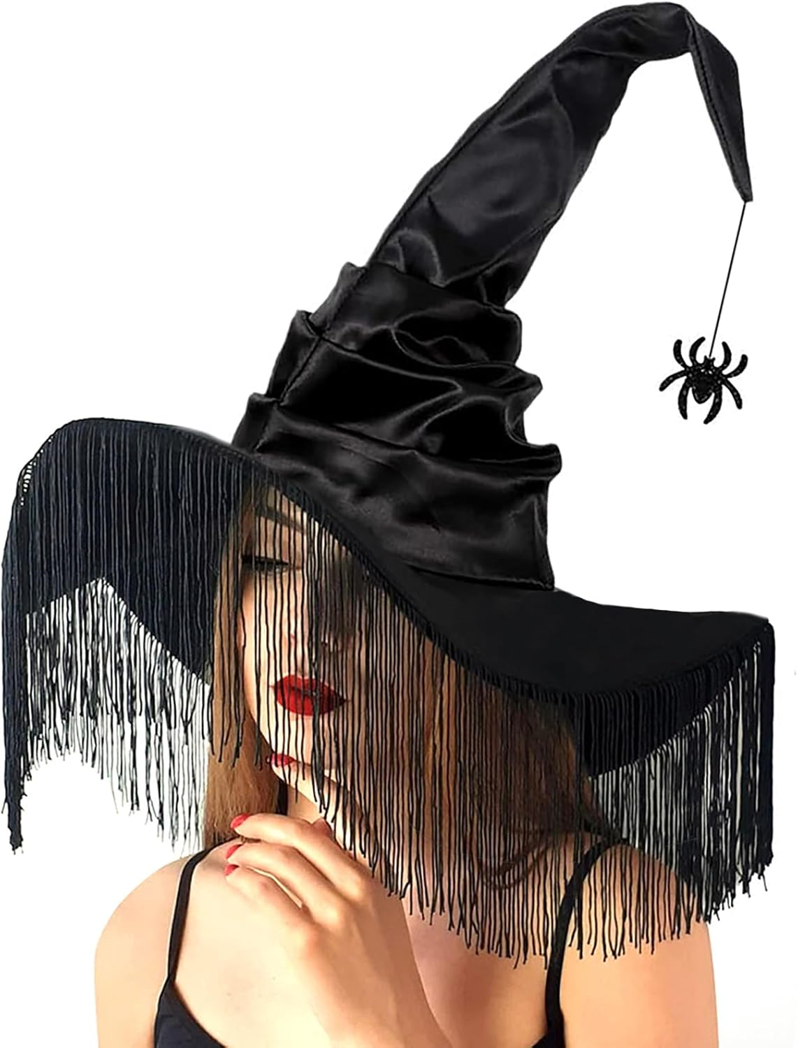 Black Witch Hat for Women, Halloween Witches Hat Adult with Veils, Large Witch Hats Cute Fancy Sorting Cap for Halloween Sexy Cosplay Costume Birthday Party Decorations Dress up Headwear with Spider