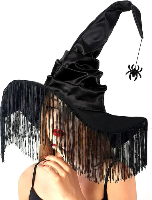 Black Witch Hat for Women, Halloween Witches Hat Adult with Veils, Large Witch Hats Cute Fancy Sorting Cap for Halloween Sexy Cosplay Costume Birthday Party Decorations Dress up Headwear with Spider