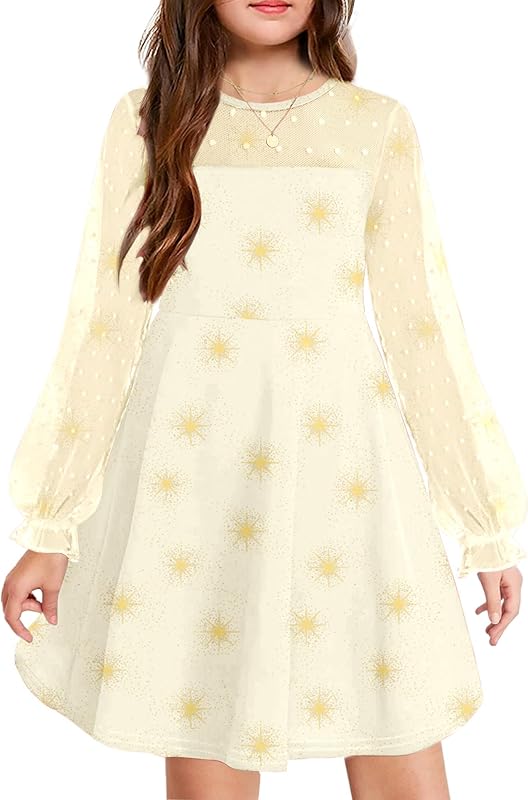 Arshiner Girl's Contrast Mesh Puff Long Sleeve High Waist A Line Short Dress with Pockets for 6-13 Years