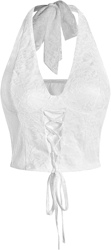 Verdusa Women's Going Out Halter Corset Tops Sleeveless Lace Up Open Back Crop Top