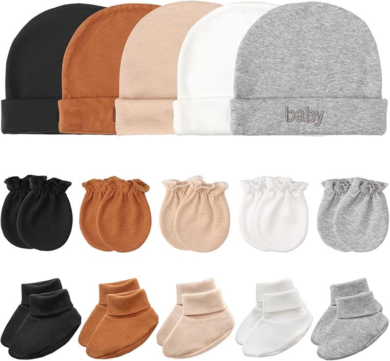 Newborn Baby Hats Mittens and Socks Set Cotton Infant Beanie Cap Socks Mittens for Newborn Baby Boy Girl 0-6 Month