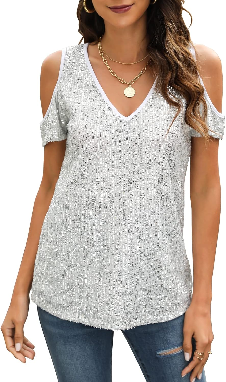 Sequin Tops Women Sparkly Shirt: Party Top Sparkle Shirts Glitter Cold Shoulder V Neck Blouses Evening Club Outfits