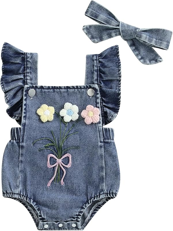 Newborn Baby Girl Romper Ruffle Fly Sleeve 3D Flower Embroidery Denim Jeans Bodysuit Heandband Summer Outfit Clothes