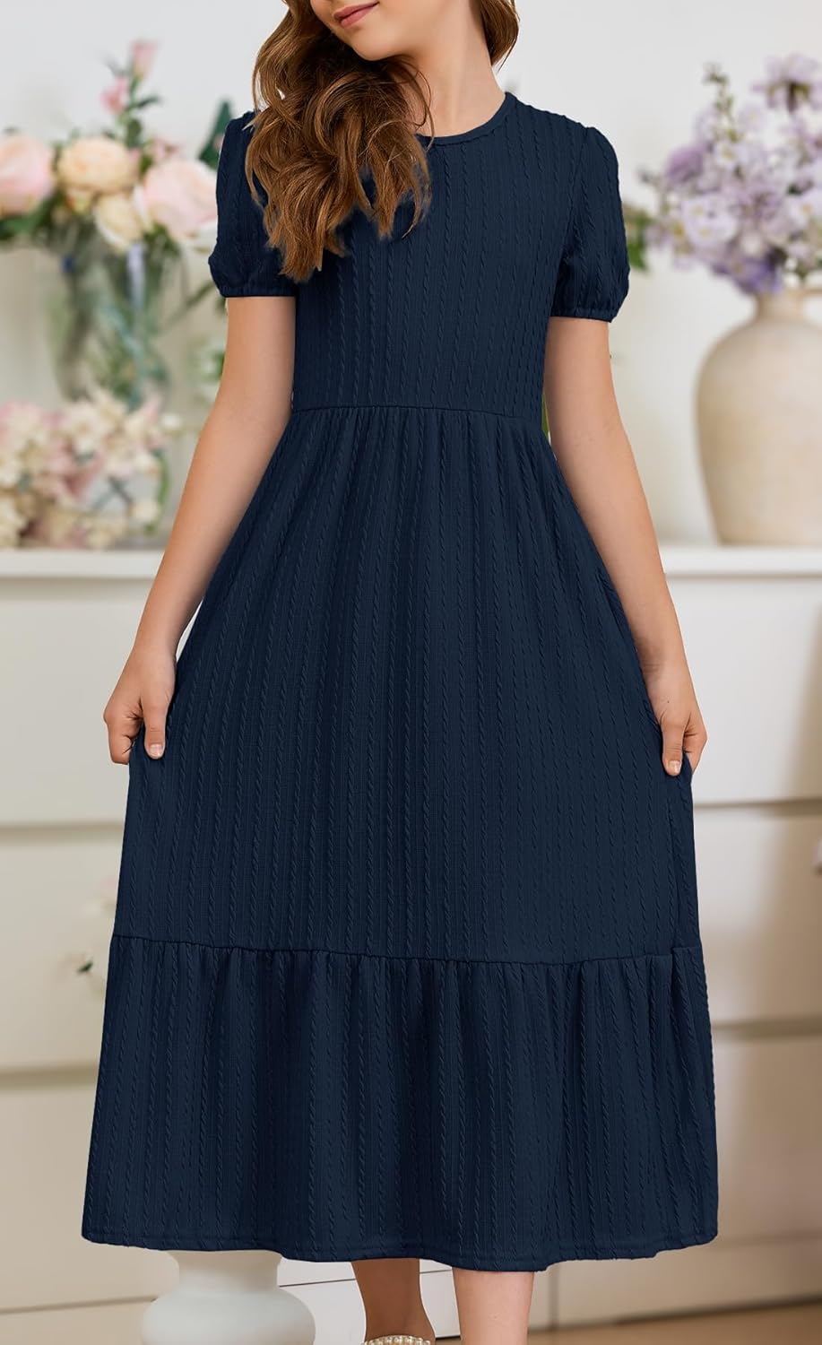 YOVION Girls Maxi Dress Summer Puff Sleeve Crew Neck Tiered Flowy Casual Holiday Dresses with Pockets for 6-12 Y