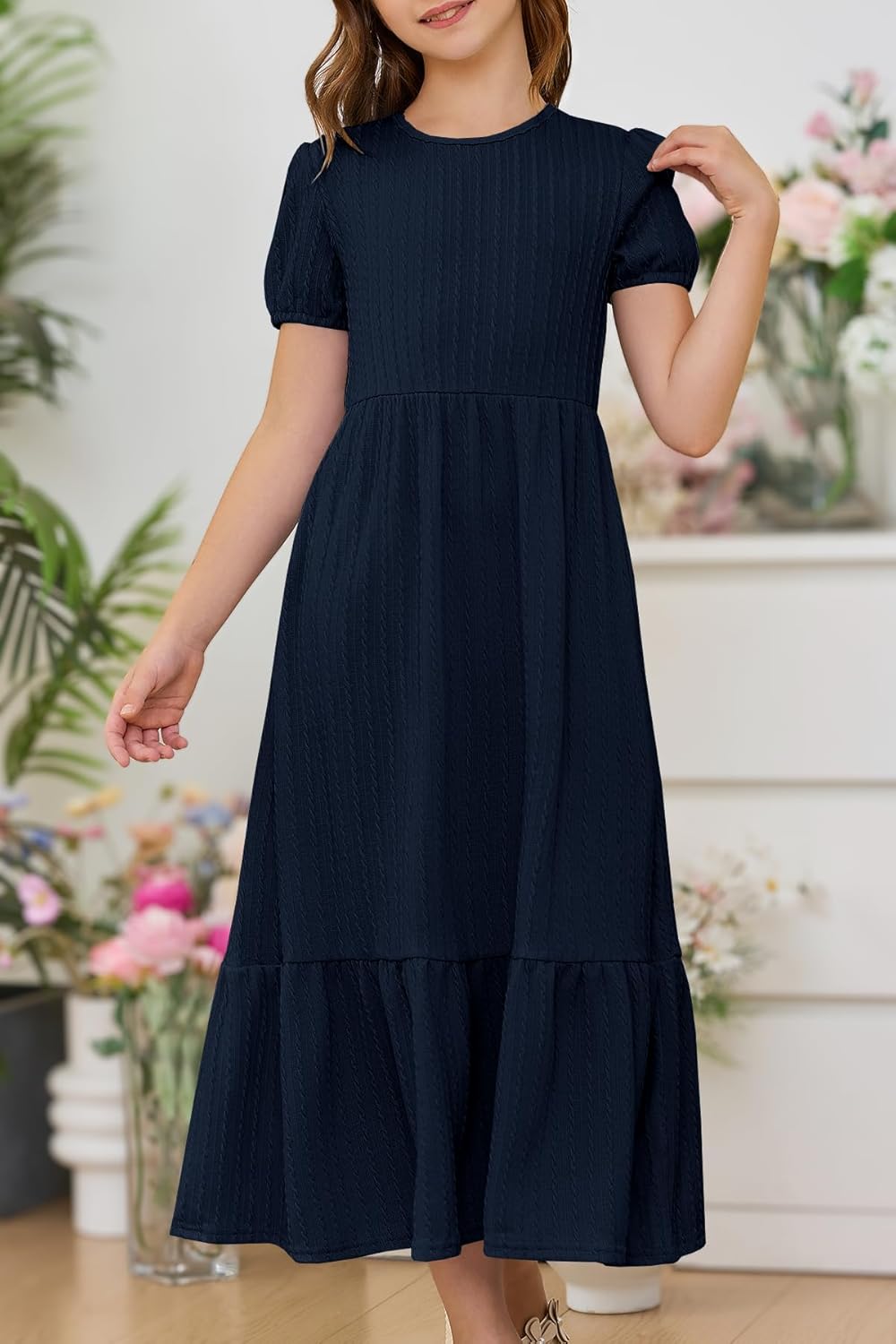 YOVION Girls Maxi Dress Summer Puff Sleeve Crew Neck Tiered Flowy Casual Holiday Dresses with Pockets for 6-12 Y