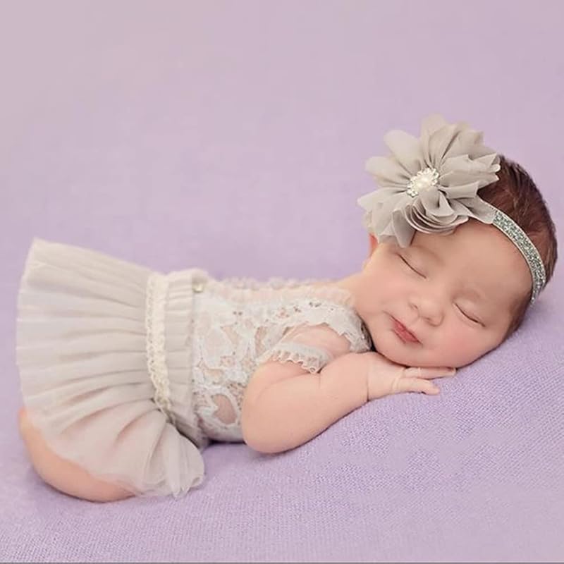 Newborn Photography Props Outfits Princess Baby Girl Pearl Lace Rompers Headdress Infant Baby Girl Photoshoot Costume