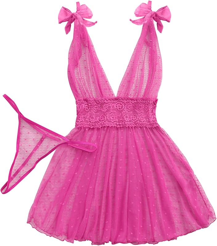 Lilosy Sexy Polka Dots Mesh Sheer Lace Babydoll Chemise Lingerie Set Floral Lace Sleep Wear