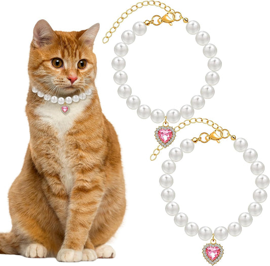 2Pcs Cat Pearl Collar with Heart Shape Pendant Rhinestone Cute Pearl Pet Necklace, Adjustable Size Small Dog Jewelry Accessories for Puppy Girl cat for Wedding Party