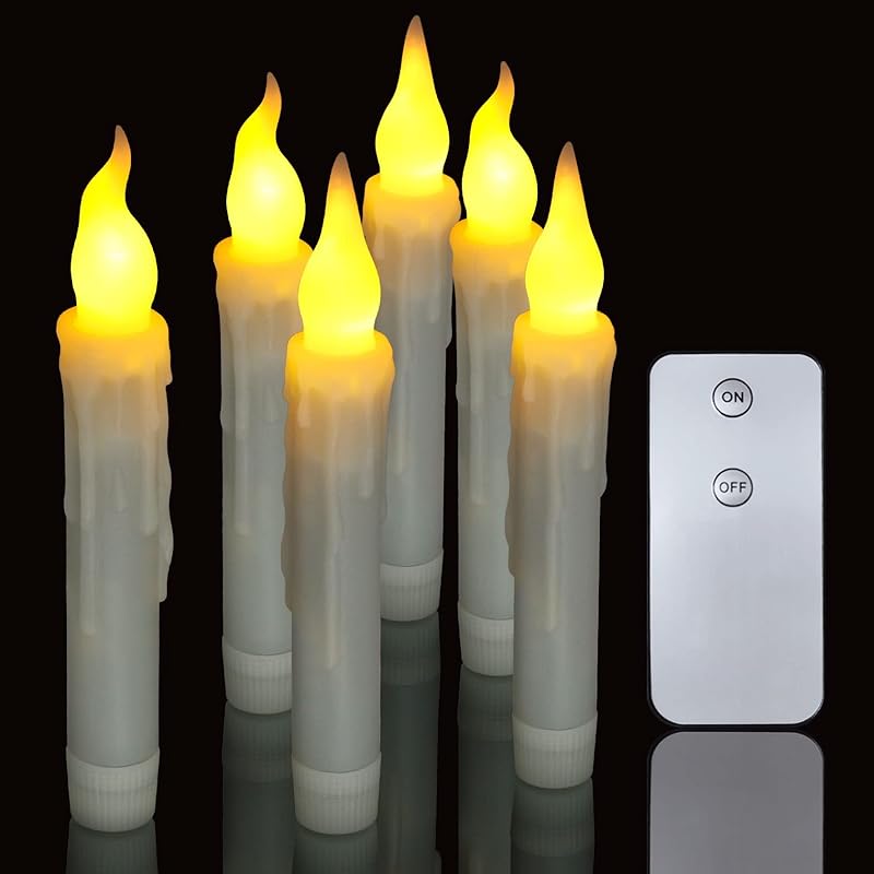 PChero 6pcs Flameless Taper Candles with Timer, 6.7" LED Battery Operated Tapered Candlesticks with Warm Yellow Flickering Flame, Dripless Candles for Halloween Themed Party Xmas Home Decorations