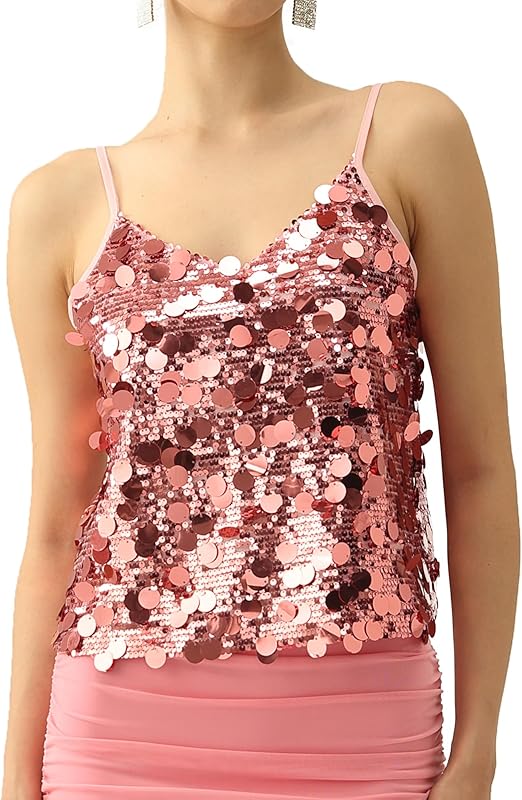 Women's Sequin Tops - V-Neck Sparkle Tank Tops - Spaghetti Strap Shimmer Camisole Party Club Cocktail Cami