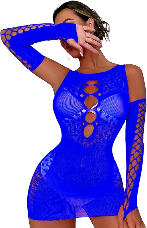RechicGu Women's Fishnet Lingerie Mesh Hole Chemise Lingerie Long Sleeved Babydoll Bodysuit Dress Free Size for Women