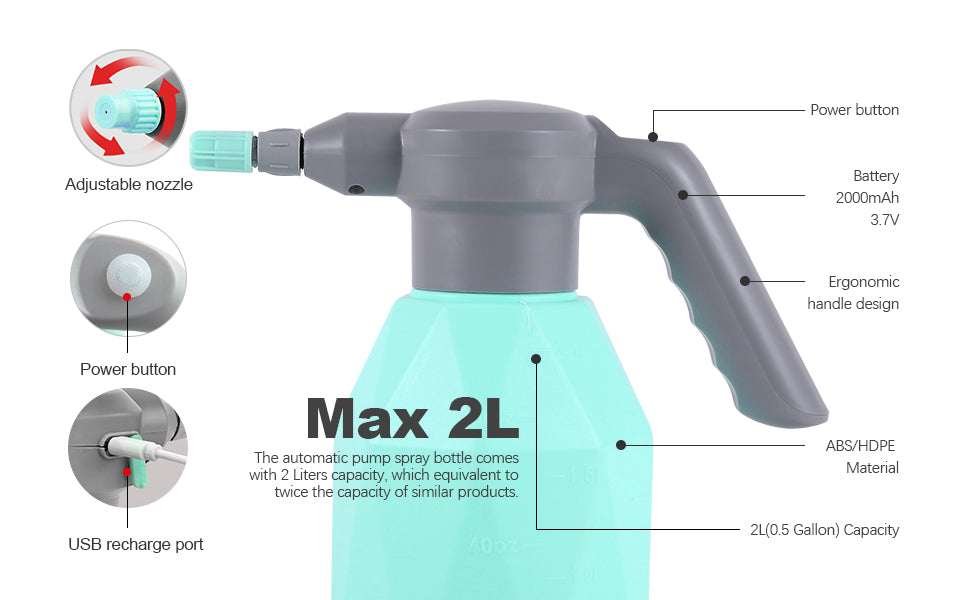 0.5 Gallon Electric Spray Bottle Plant Mister for Indoor/Outdoor Plants, 2L Automatic Watering Can Rechargeable Battery Powered Sprayer with Adjustable Spout for Garden, Fertilizing, Cleaning