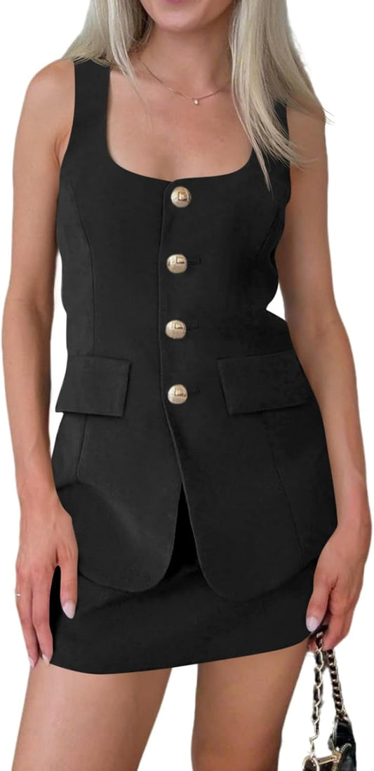 Cicy Bell Womens Summer 2 Piece Outfits Sleeveless Scoop Neck Fitted Blazer Vest Matching Set Mini Skirt Short Suit Work Sets