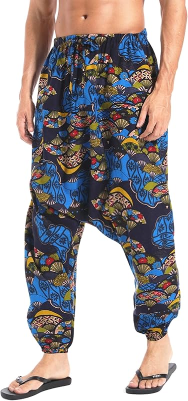 AITFINEISM Men's Drawstring Aladdin Hippie Harem Pants Loose Drop Crotch Trousers