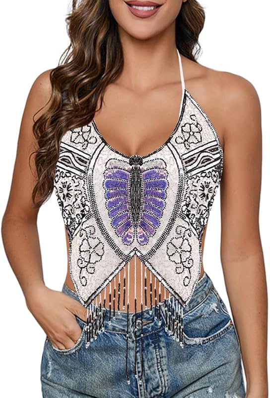 Mocure Womens Glitter Sequin Butterfly Crop Top Low-Cut Tank Top Rave Tube Vest Top for Belly Dance Costume Outfits