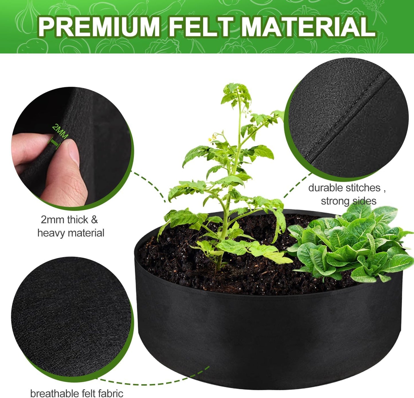 15 Gallon Large Grow Bag, Heavy Duty Fabric Round Raised Garden Bed Planter Pots for Planting Herb Flower Vegetable Potato Plants (24" D x 8" H, Black)