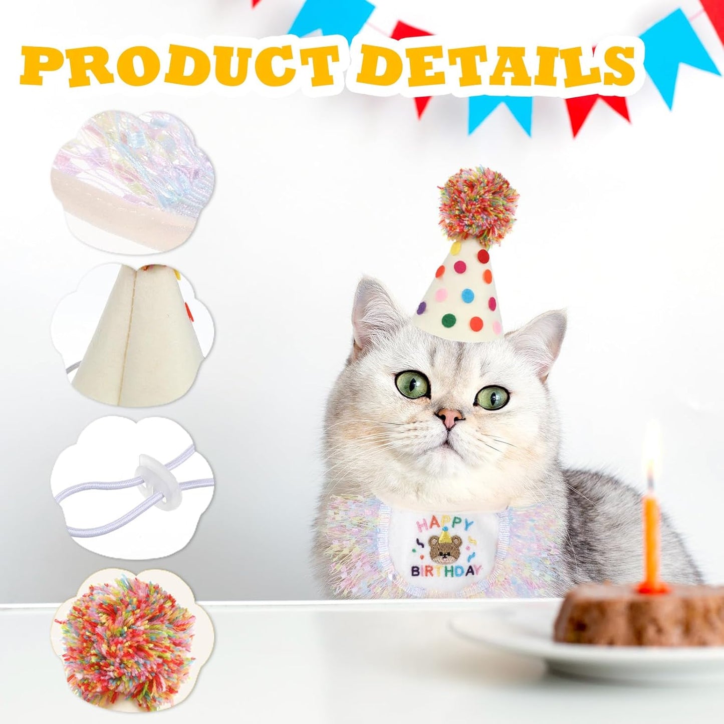Cat Birthday Hat and Bandana Scarf, Cat Birthday Outfit Party Hat Dog Costumes Cute Lace Puppy Bib Scarf Party Decorations Set for Small Medium Cats & Doggy