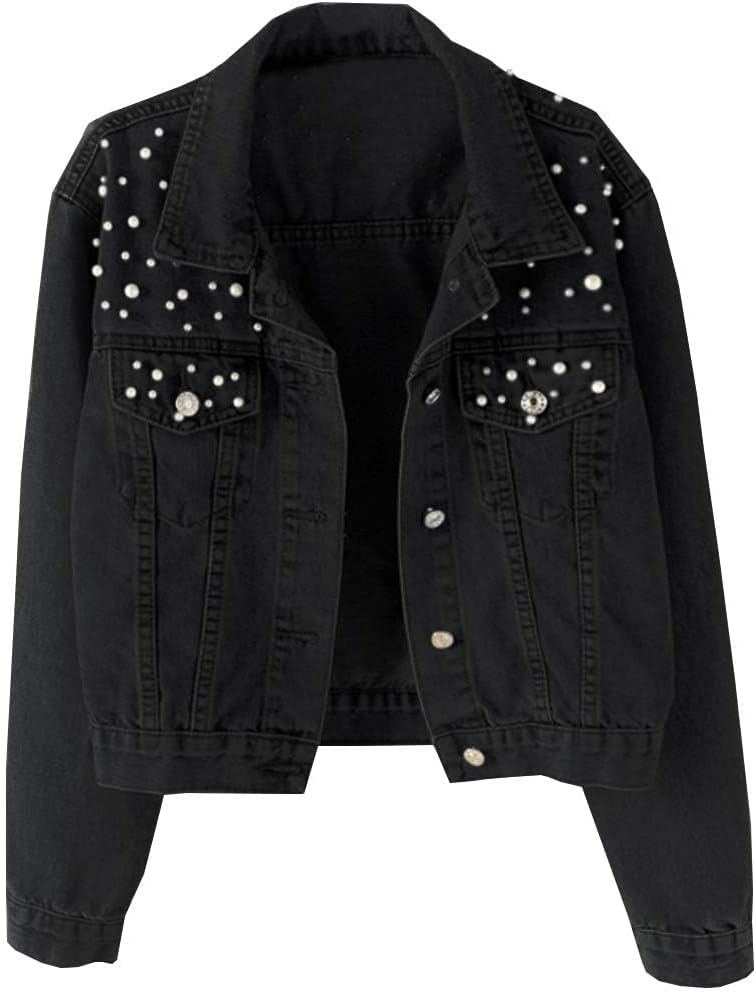 Women’s Oversized Denim Jacket with Pearl Beading and Embroidered Details – Jean Coat