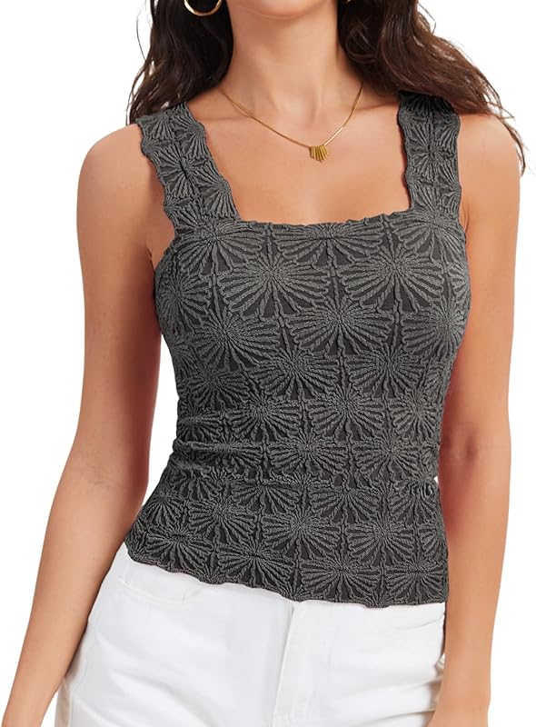 Women's Square Neck Wide Strap Crop Tank Tops Slim Fit Sleeveless Going Out Top Flower Lettuce Trim Cami Tops