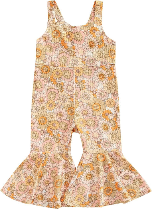 Emmababy Baby Girl Bell Bottoms Romper Toddler Floral Overalls Suspender Flare Pants Sleeveless Strap Jumpsuit Fall Clothes