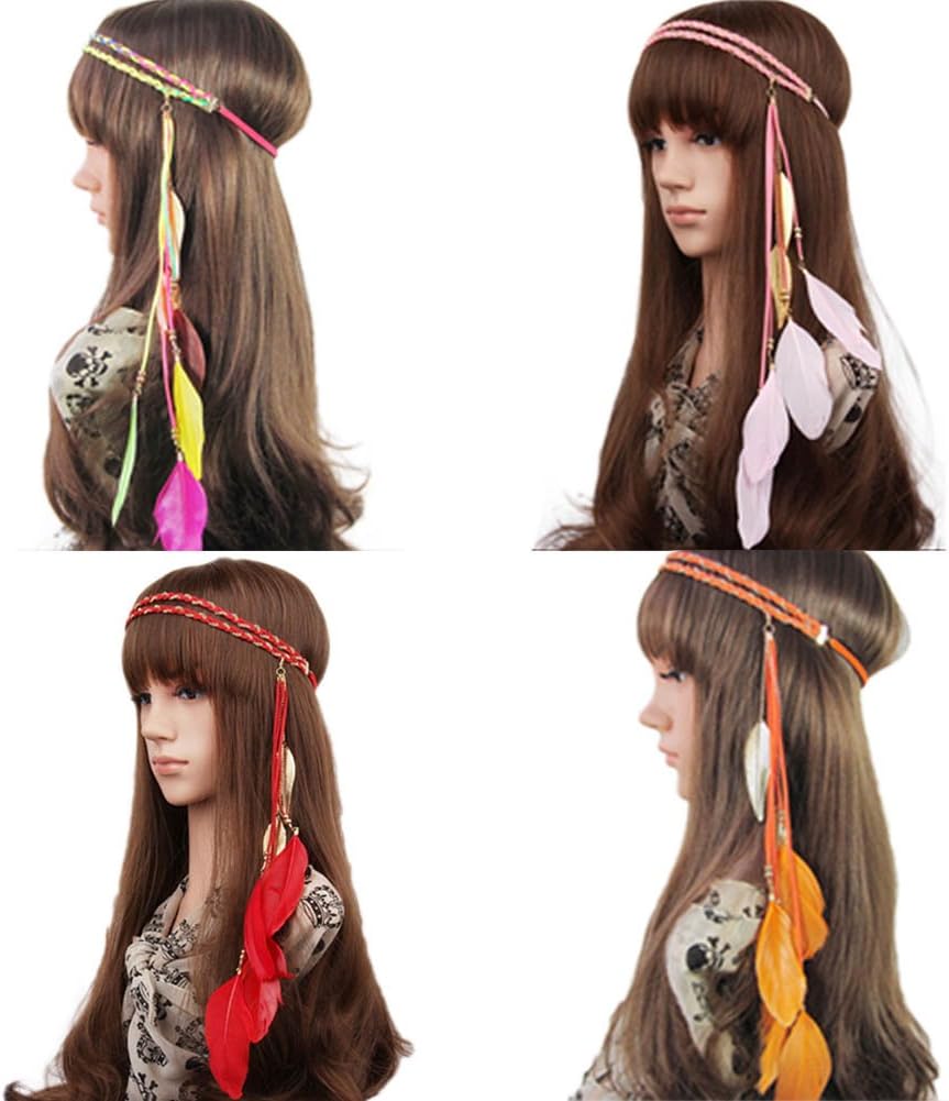 Song Qing Women Feather Leaf Tassels Braided Hippie Headband Hair Accessories