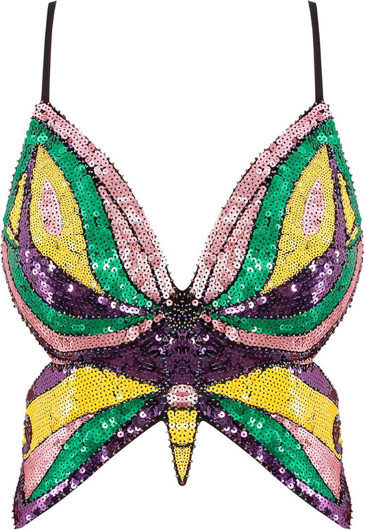 Mocure Womens Glitter Sequin Butterfly Crop Top Low-Cut Tank Top Rave Tube Vest Top for Belly Dance Costume Outfits