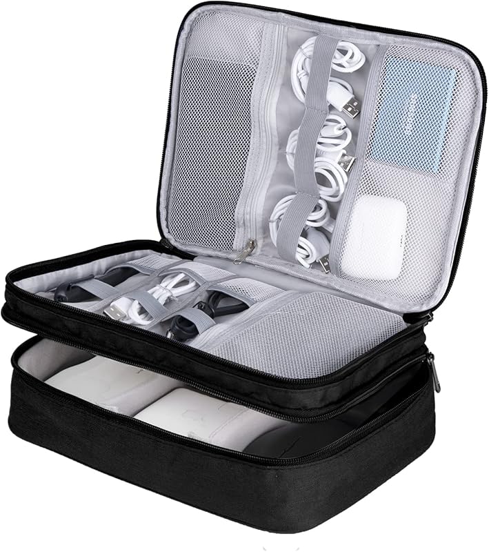 LENTION Cable Electronics Organizer Bag Pouch, Travel Accessories Carry Case Waterproof Double Layers All-in-One Storage Bag Carrying for Cord, Charger, Power Bank, Earphone Black