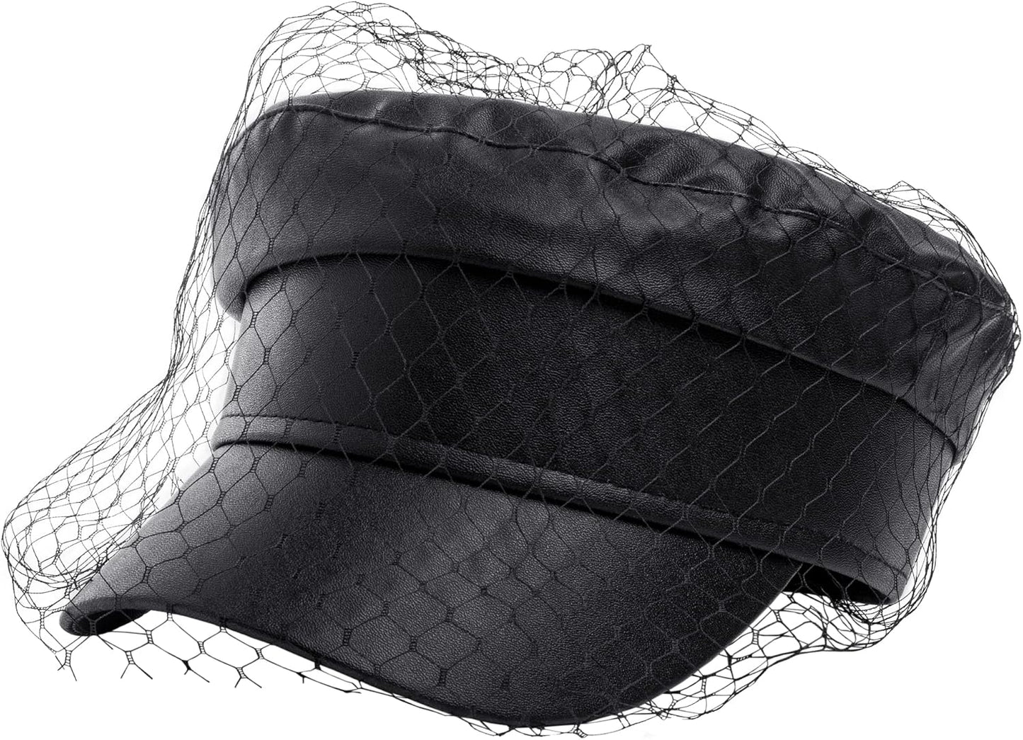 Beret Hats for Women PU Leather Newsboy Fiddler Cap with Veil Casual Baker Boy Captain Hat