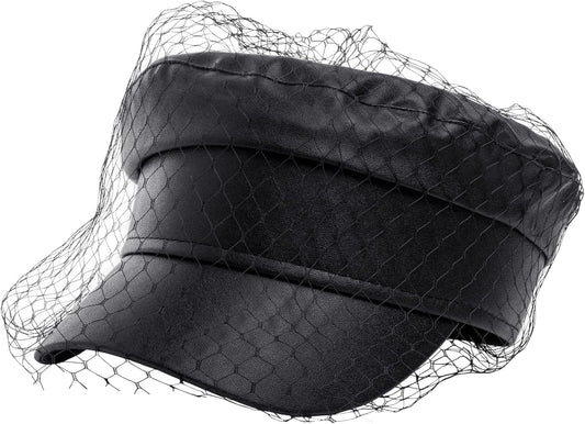 Beret Hats for Women PU Leather Newsboy Fiddler Cap with Veil Casual Baker Boy Captain Hat