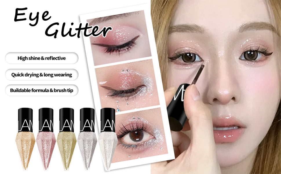 Go Ho Glitter Liquid Eyeliner Colorful Set,5 Colors Metallic Shimmer White Silver Gold Diamond Eye Liner,Glitter Eyeliner Eyeshadow Shine,Waterproof Long Lasting Glow Sparkle Eye Makeup