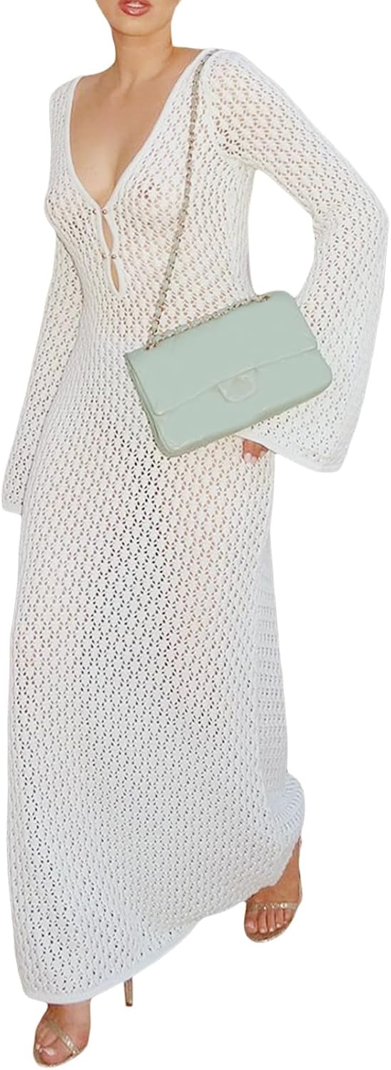 YILEEGOO Sexy Women's Sheer Mesh Pearl Rhinestone Cover Up Dress Beach Swimwear Bikini Bathing Suit Cover Ups