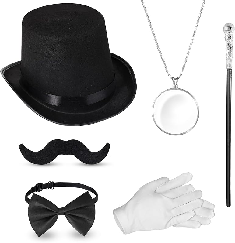 Jadive 6 Pcs 1920s Men Accessories Gentleman Costume Hat Round Head Scepter Magnifying Glass Necklace Bow Tie Gloves Beard